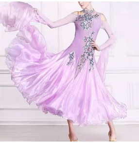 Customized size purple competition ballroom dance dresses with floats for women girls competition gemstones waltz tango rhythm foxtrot smooth dance long gown